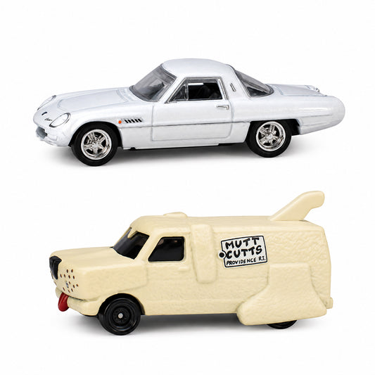 Hot Wheels Premium Pop Culture 1:64 (Blister Pack) 2-Car Combo Set – 1968 Mazda Cosmo Sport (Jay Leno's Garage) + Mutt Cutts Van (Dumb and Dumber) | Metal/Metal Die-Cast with Real Riders