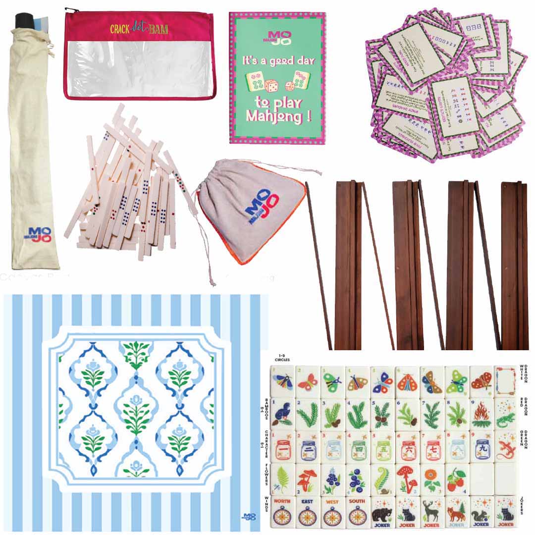 Premium Mahjong Collector Edition Set with 166 Tiles Wooden Racks Floral Playing Mat Dice and Score Chips