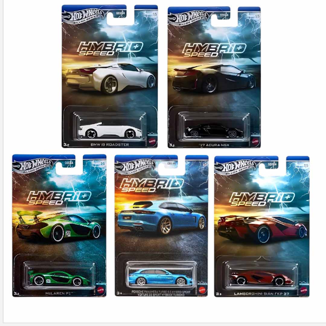 Hot Wheels 1:64 Silver Series Hybrid Speed Complete Set of 5 Diecast Cars | BMW i8 Roadster, Acura NSX, McLaren P1, Porsche Panamera Turbo S E-Hybrid & Lamborghini Sián FKP 37