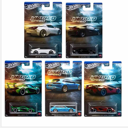 Hot Wheels 1:64 Silver Series Hybrid Speed Complete Set of 5 Diecast Cars | BMW i8 Roadster, Acura NSX, McLaren P1, Porsche Panamera Turbo S E-Hybrid & Lamborghini Sián FKP 37