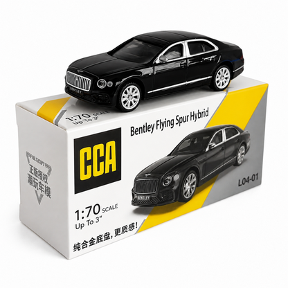 CCA 1:70 Bentley Flying Spur Hybrid L04-01 Die-Cast Model Car | Black Luxury Sedan with Detailed Interior, Silver Wheels & Metal Base | Premium Collectible Miniature