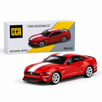 CCA 1:64 Ford Mustang GT S06-02 Die-Cast Model Car | Red American Muscle Car with White Racing Stripes, Detailed Interior & Silver Sport Wheels | Premium Collectible Miniature