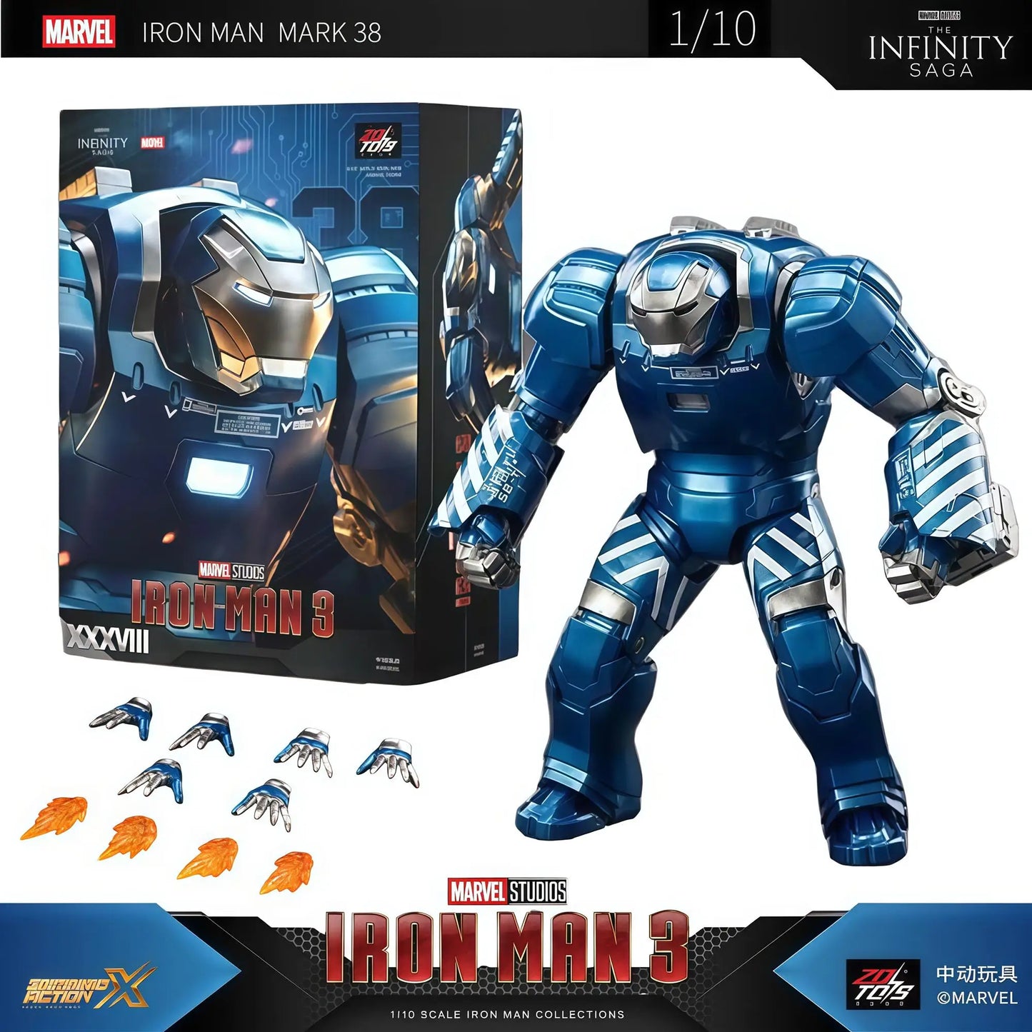 ZD Toys 1/10 Scale Iron Man Mark 38 (Igor) Action Figure with Interchangeable Hands Non Light-Up | Marvel Studios Iron Man 3 Collector Figure