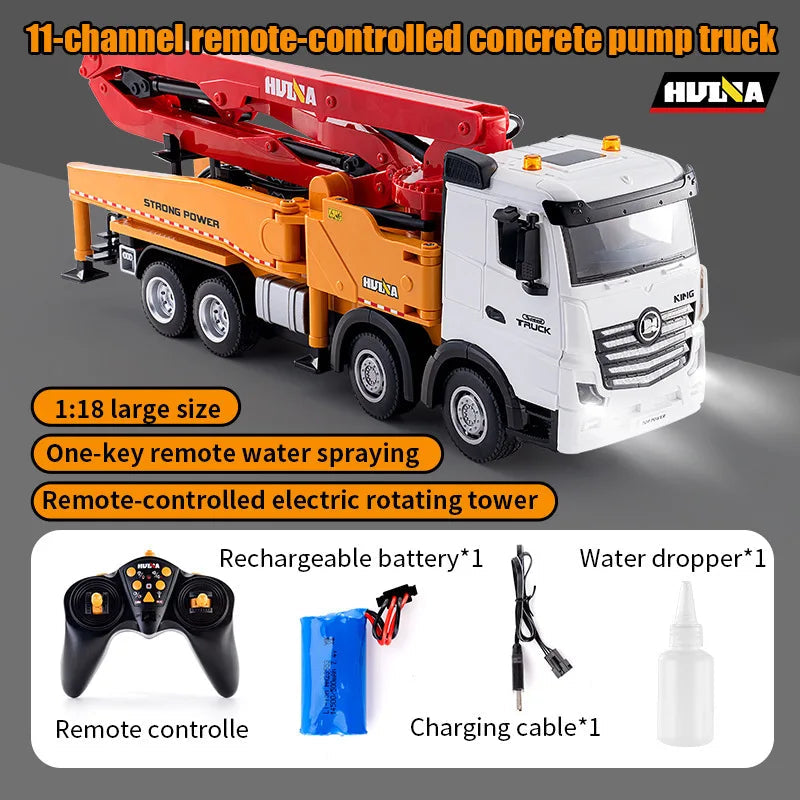 HUINA 1381 1:18 RC Concrete Pump Truck | 11CH 2.4GHz Semi-Alloy 4WD Engineering Vehicle with Water Spray, Lights & Sound
