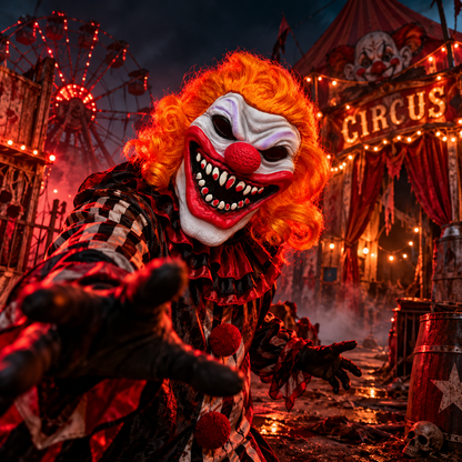 Halloween Scary Evil Clown Mask with Orange Hair – Horror Costume Mask for Adults