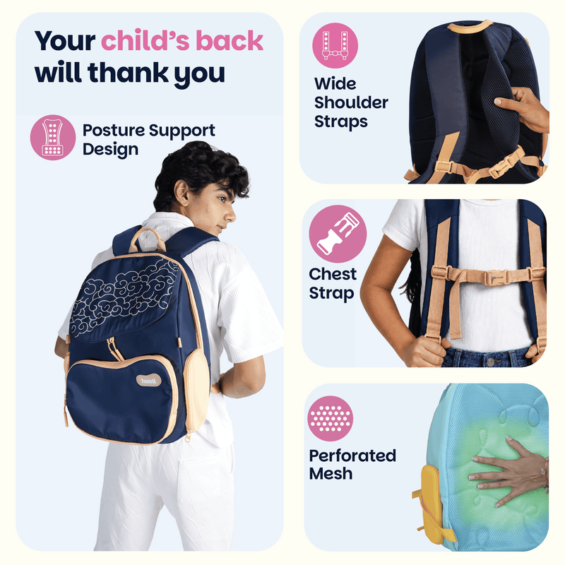 Basil Midnight Sora Kids School Backpack 18–20L | 40cm Backpack with Posture Support, Wide Straps & Chest Strap