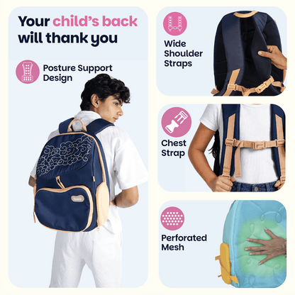 Basil Midnight Sora Kids School Backpack 18–20L | 40cm Backpack with Posture Support, Wide Straps & Chest Strap