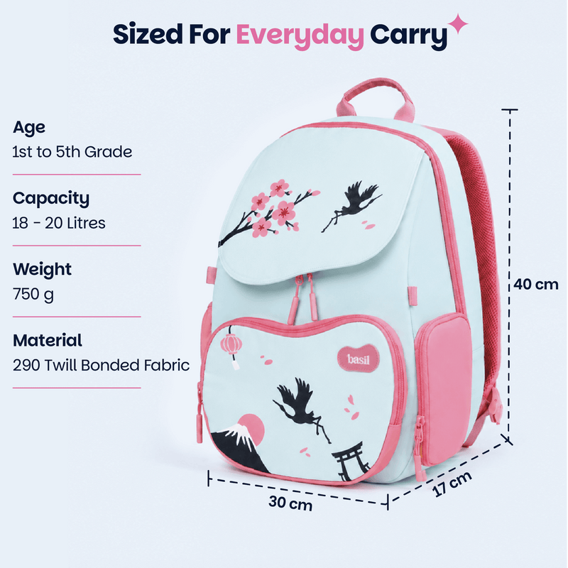 Basil Sakura Bloom Kids School Backpack 18–20L | 40cm School Bag with Posture Support, Wide Straps & Chest Strap