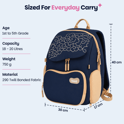 Basil Midnight Sora Kids School Backpack 18–20L | 40cm Backpack with Posture Support, Wide Straps & Chest Strap