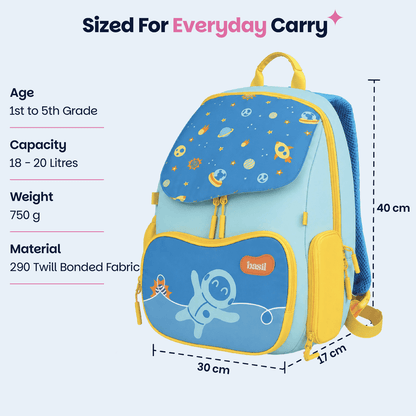 Basil Space Explorer Kids School Backpack 18–20L | 40cm School Bag with Posture Support, Wide Straps & Chest Strap