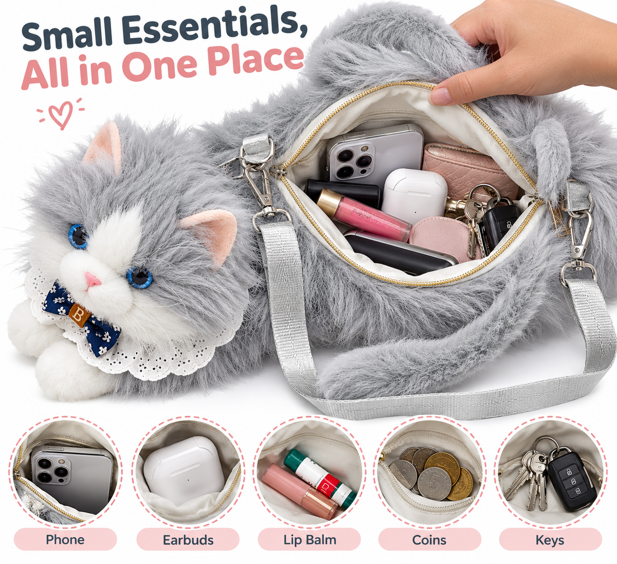 Meowing Plush Grey & White Cat Handbag & Crossbody Bag | Fluffy Kitty Purse with Adjustable Strap & Lace Collar for Girls & Women