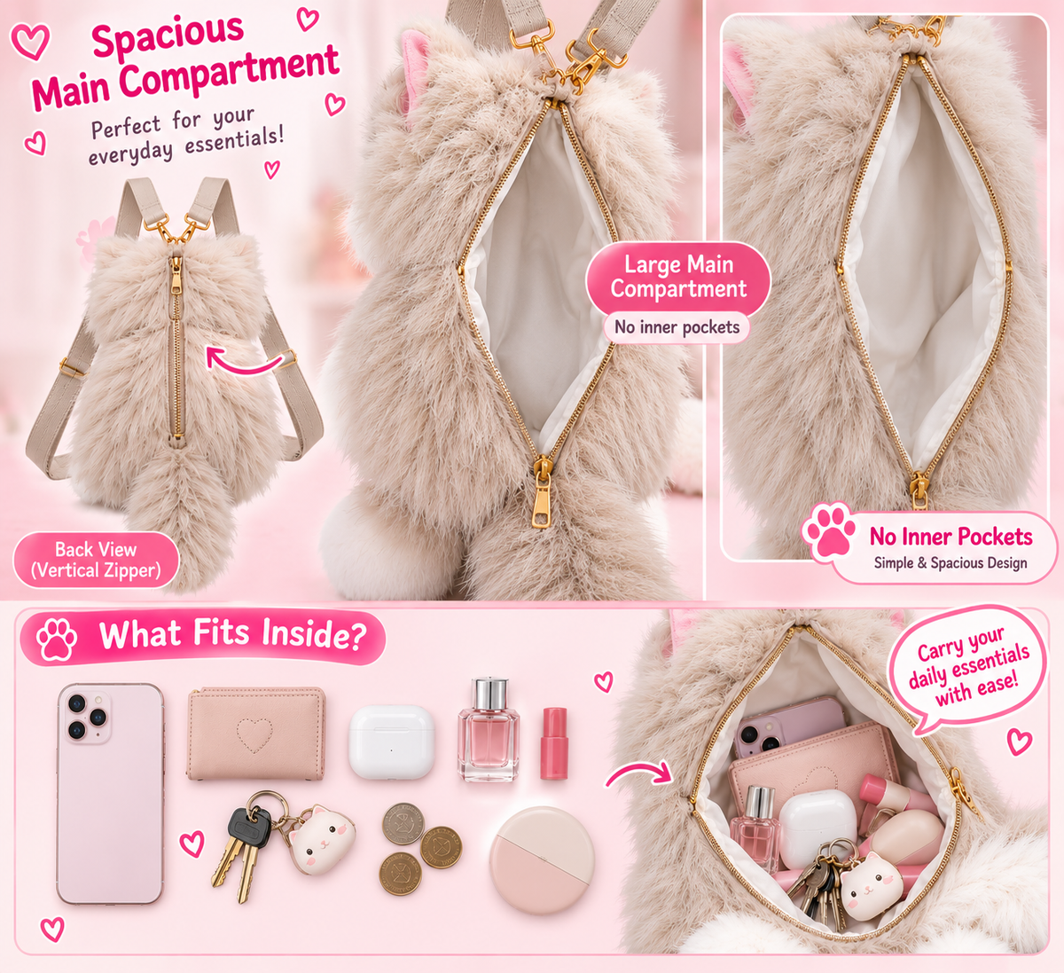 Fluffy Seal Point Cat Backpack & Crossbody Bag | Cute Plush Ragdoll Kitty Daypack with Pink Paw Pads, Lace Collar, Pink Bowtie & Adjustable Straps for Girls & Women
