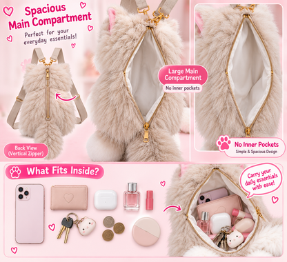Fluffy Seal Point Cat Backpack & Crossbody Bag | Cute Plush Ragdoll Kitty Daypack with Pink Paw Pads, Lace Collar, Pink Bowtie & Adjustable Straps for Girls & Women