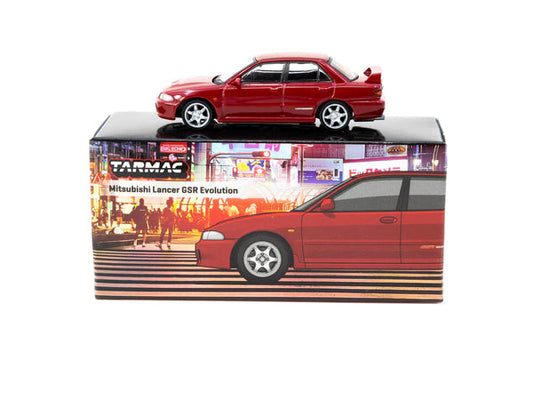 Tarmac Works GLOBAL64 1:64 Mitsubishi Lancer GSR Evolution II Red Diecast Model Car with Trading Cards Set (T64G-049-RE)