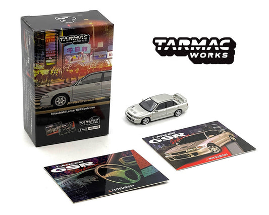 Tarmac Works 1:64 Mitsubishi Lancer GSR Evolution Silver Special Edition with Tarmac Cards Diecast Model Car (T64G-048-SL)