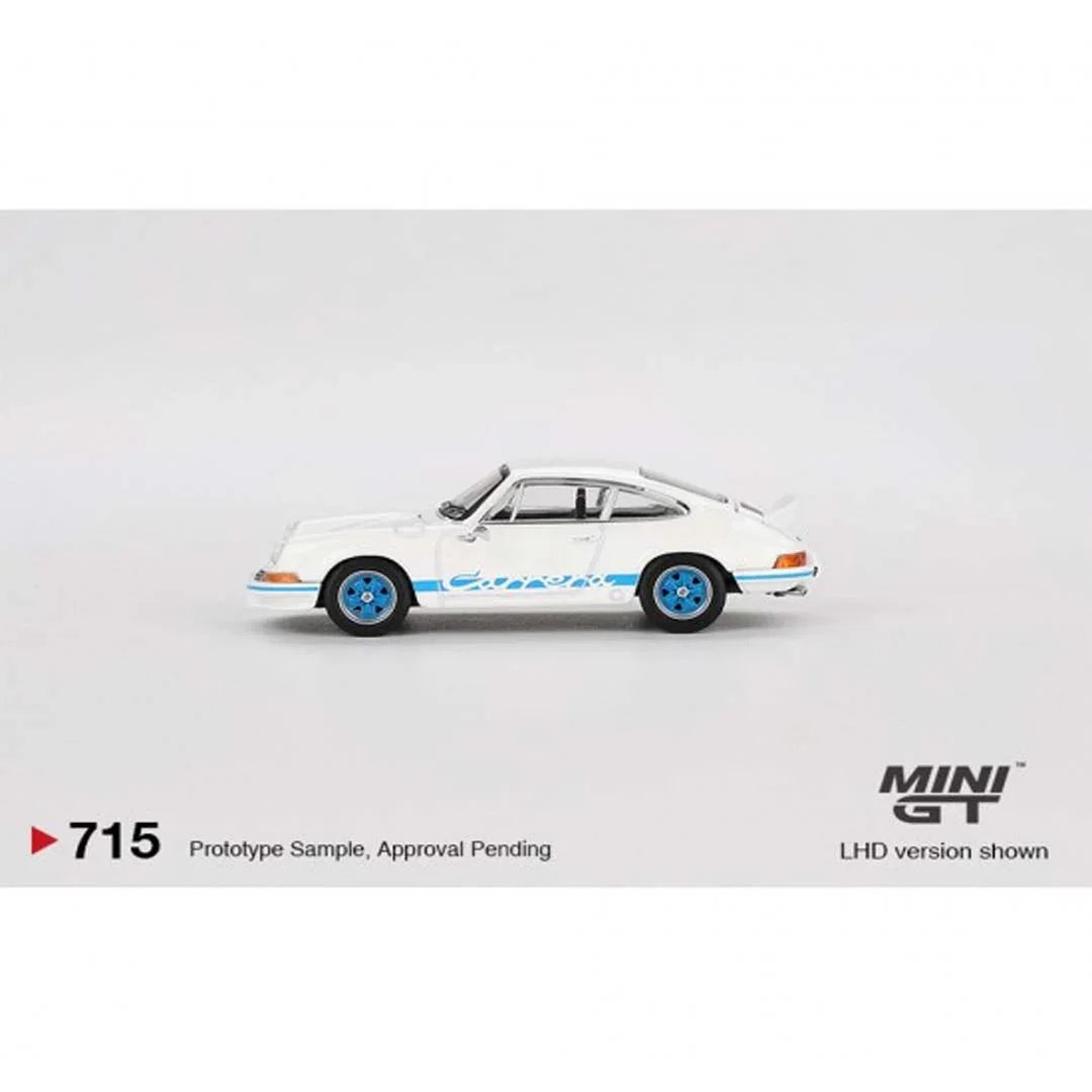 MINI GT 715: Porsche 911 Carrera RS 2.7 Grand Prix White with Blue Livery - Jaiman Toys