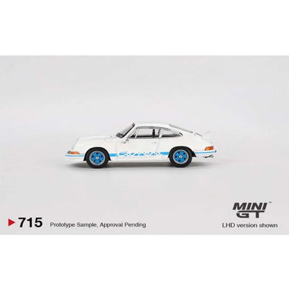 MINI GT 715: Porsche 911 Carrera RS 2.7 Grand Prix White with Blue Livery - Jaiman Toys