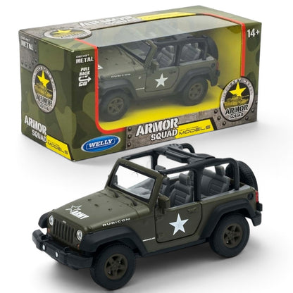 Welly 1:38 Jeep Wrangler Rubicon Military Green Die-Cast Model | Armor Squad Collectible