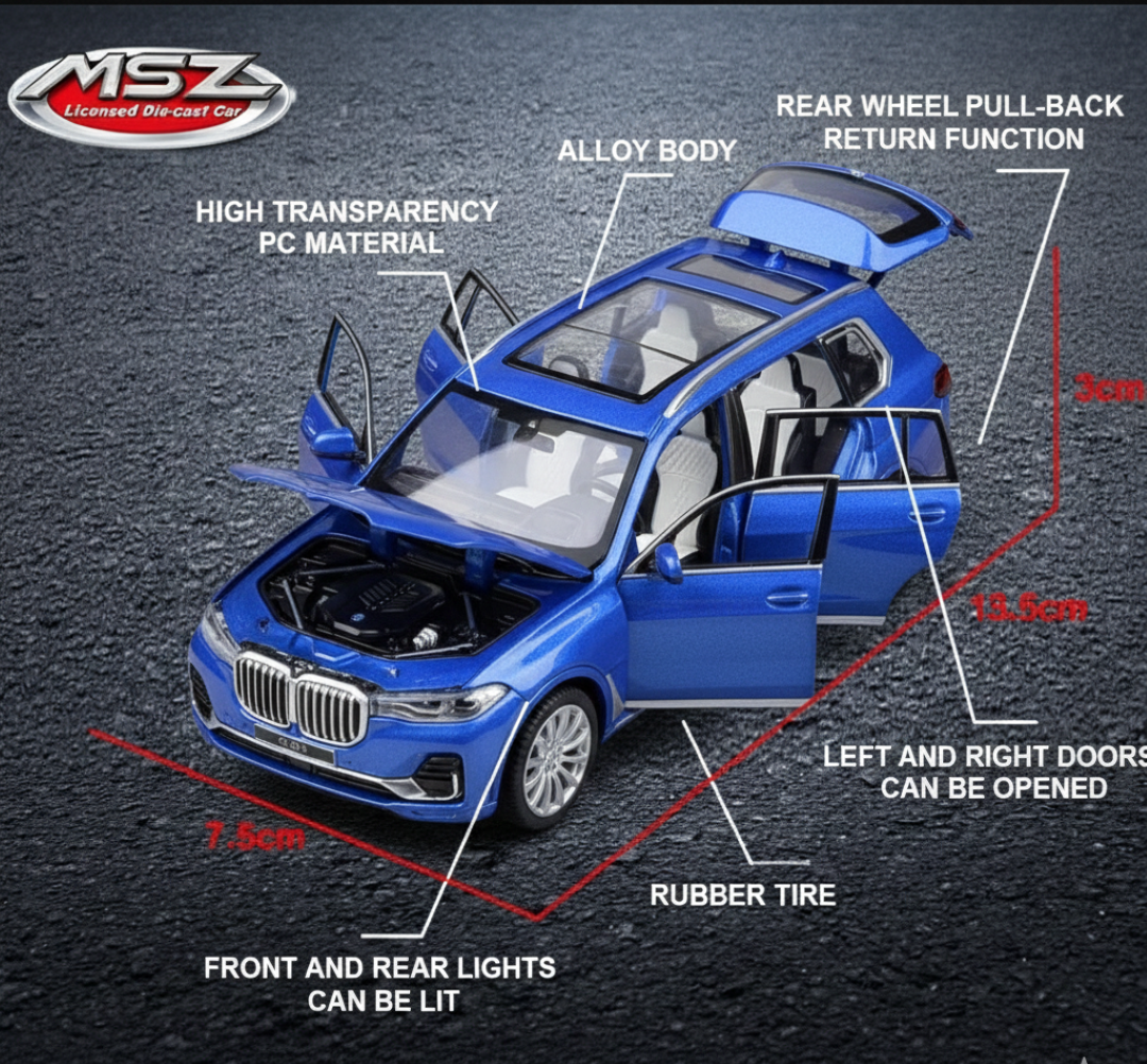 MSZ 1:32 BMW X7 Die-Cast Model Car – Blue |Pull Back, Openable Doors, Light & Sound (68470)