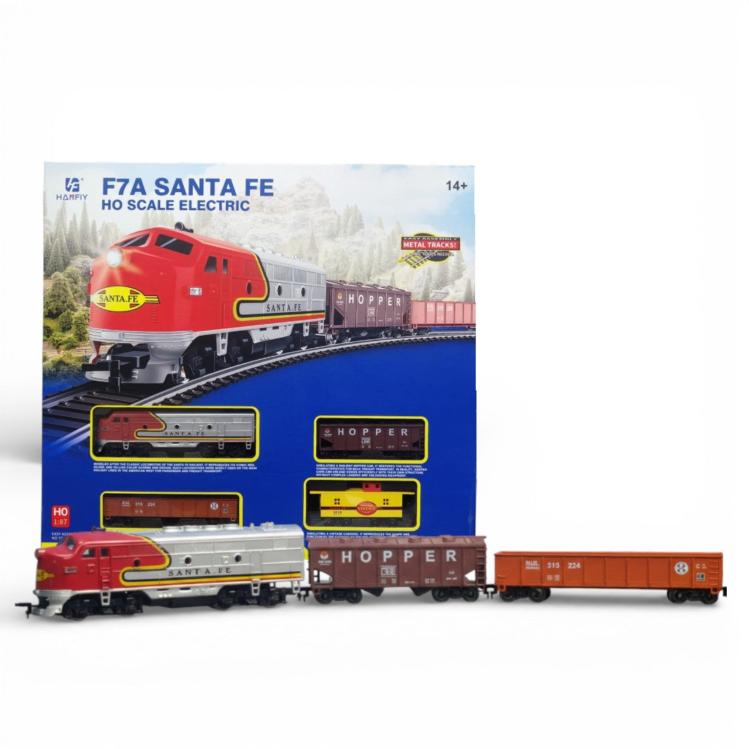 HANFLY-66300 F7A Santa Fe HO Scale Electric Train Set with Freight Cars & Metal Tracks – 1:87 Realistic Railway Model-