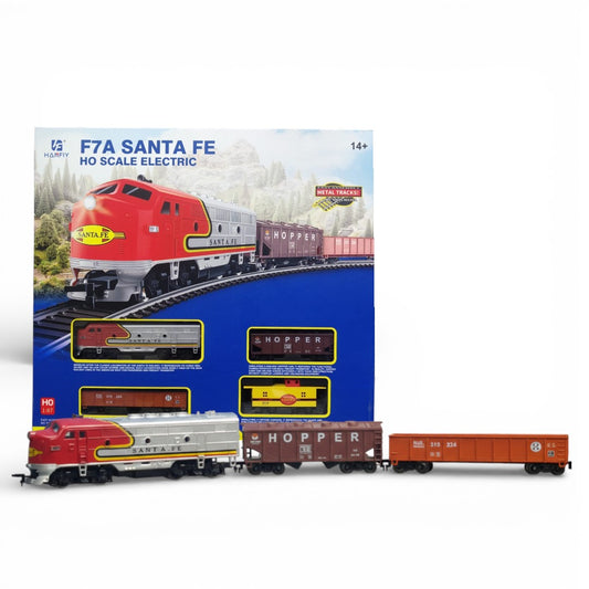 HANFLY-66300 F7A Santa Fe HO Scale Electric Train Set with Freight Cars & Metal Tracks – 1:87 Realistic Railway Model-