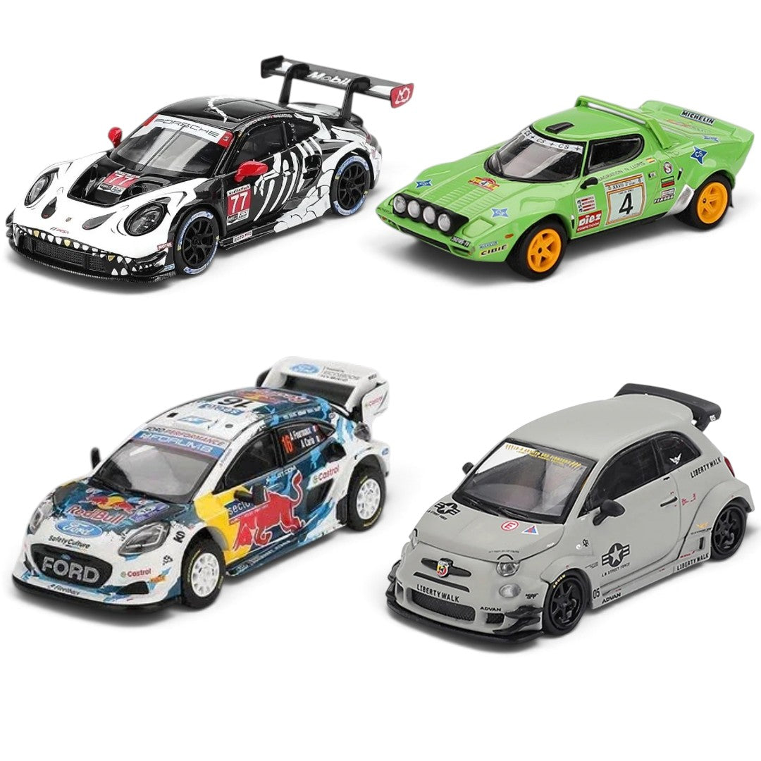 MINI GT 1:64 4-Car Die-Cast Model Set –MINI GT 1:64 4-Car Die-Cast Set – Porsche Rexy, Abarth 595, Lancia Stratos & Ford Puma Rally1 Die-Cast Scale Model Car