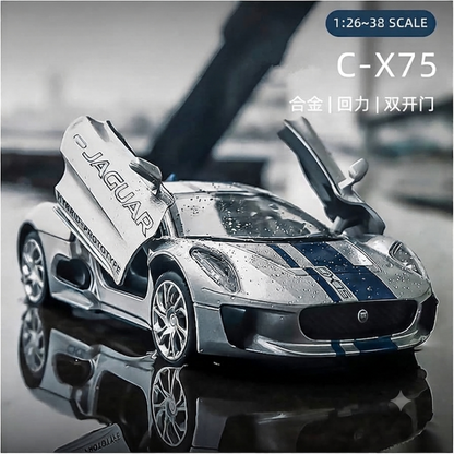 MSZ 1:38 Jaguar C-X75 Silver Livery Die-Cast Model Car with Openable Doors & Pull-Back Action | Street Series