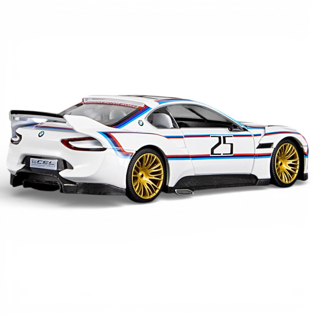 MSZ 1:32 BMW 3.0 CSL Die-Cast Model Car – White|Pull Back, Openable Doors, Light & Sound (68732A)