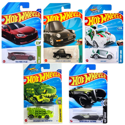 Hot Wheels 5-Car Set – Porsche 911 Turbo 3.6 (964), Tesla Model S Plaid, Ultimate T-Rex Transporter, Kick Kart & More
