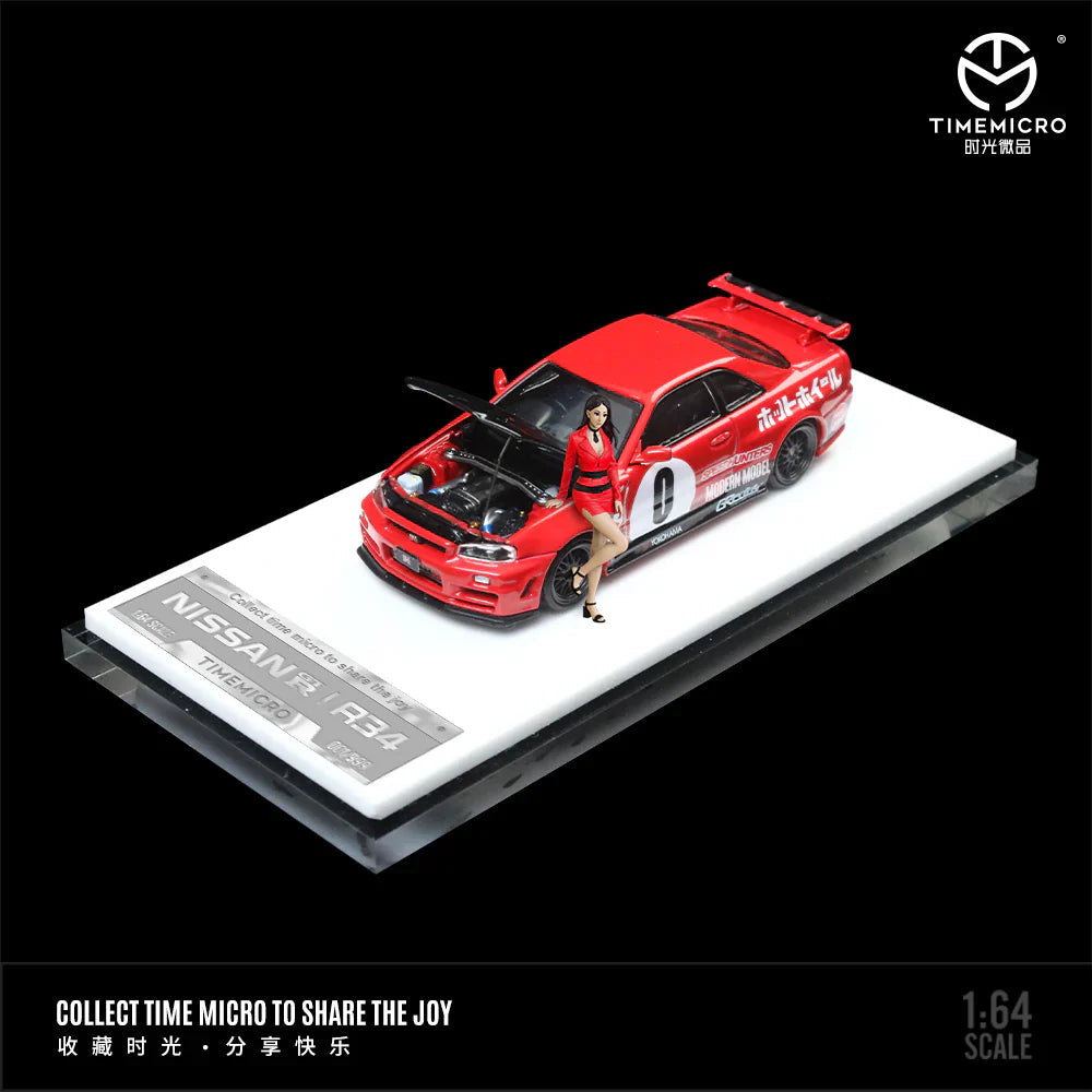 Time Micro Nissan Skyline GT-R R34 Red Livery Figure Edition 1:64 Scale Diecast Model Car | Opening Hood | Collector Display Base | Premium JDM Collectible | 14+