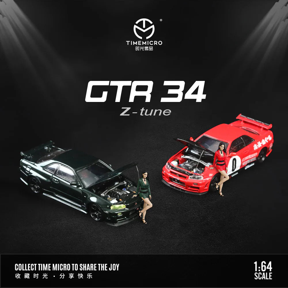 Time Micro Nissan Skyline GT-R R34 Red Livery Figure Edition 1:64 Scale Diecast Model Car | Opening Hood | Collector Display Base | Premium JDM Collectible | 14+