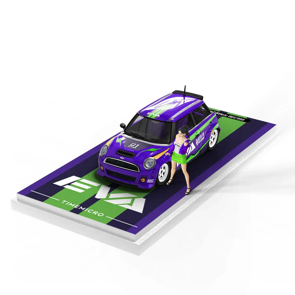 Time Micro Mini Cooper Purple EVA First Machine Figure Edition 1:64 Scale Diecast Model Car | Premium Metal Collector Car | Display Base, Acrylic Case & Figure Included | Limited Edition | 14+
