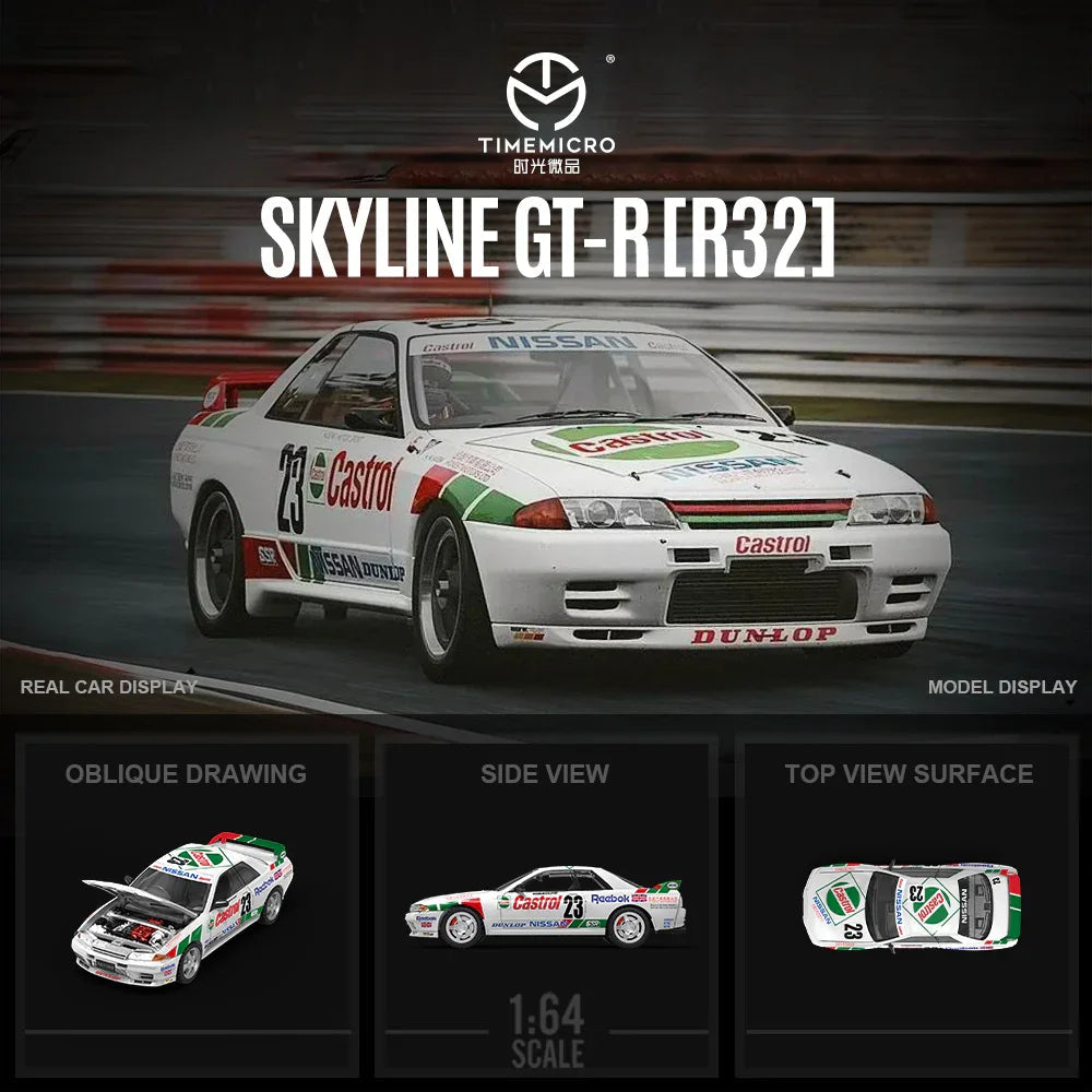 Time Micro Nissan Skyline GT-R R32 Castrol No.23 Figure Edition 1:64 Scale Diecast Model Car | Opening Hood | Display Base, Acrylic Case & Figure Included | 14+