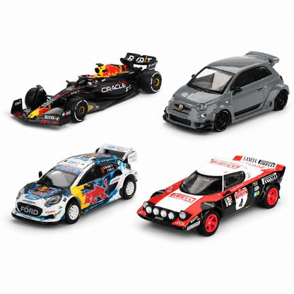 MINI GT 1:64 4-Car Die-Cast Set – Red Bull RB19 Verstappen, Abarth 595 LB-Works, Ford Puma Rally1 & Lancia Stratos HF