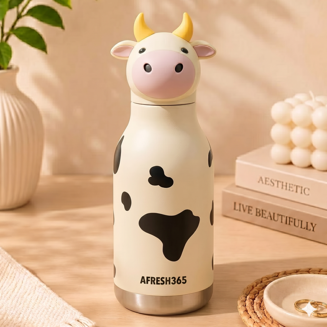 AFRESH 365 Animal Head Collection Cow Stainless Steel Vacuum Insulated Water Bottle 450ml (16oz) with Straw, Cleaning Brush With 3 Colour Variants