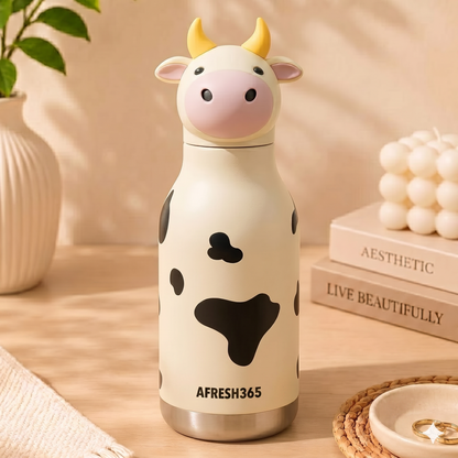 AFRESH 365 Animal Head Collection Cow Stainless Steel Vacuum Insulated Water Bottle 450ml (16oz) with Straw, Cleaning Brush With 3 Colour Variants