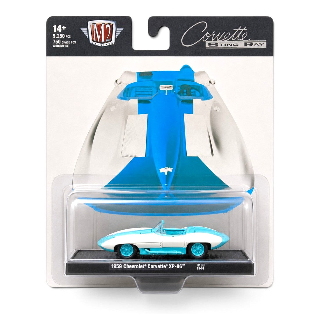 M2 Machines 1:64 1959 Chevrolet Corvette XP-86 Sting Ray Chase Piece | White & Aqua Die-Cast Collector Car