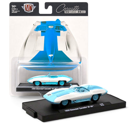 M2 Machines 1:64 1959 Chevrolet Corvette XP-86 Sting Ray Chase Piece | White & Aqua Die-Cast Collector Car
