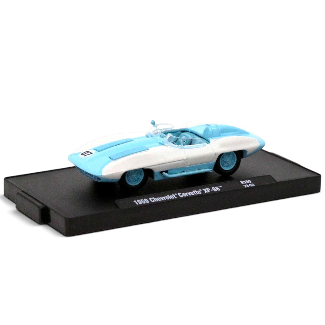 M2 Machines 1:64 1959 Chevrolet Corvette XP-86 Sting Ray Chase Piece | White & Aqua Die-Cast Collector Car