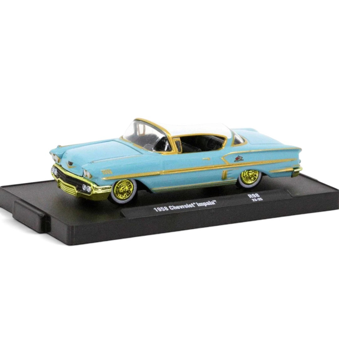 M2 Machines 1:64 1958 Chevrolet Impala Chase Piece | Aqua Blue & White Die-Cast Model Car with Golden Wheels