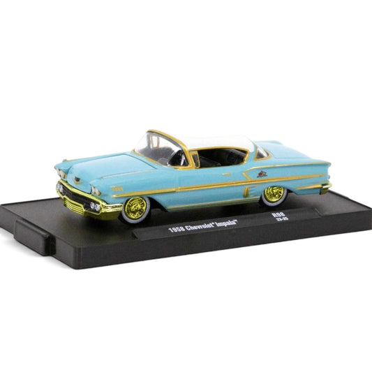M2 Machines 1:64 1958 Chevrolet Impala Chase Piece | Aqua Blue & White Die-Cast Model Car with Golden Wheels