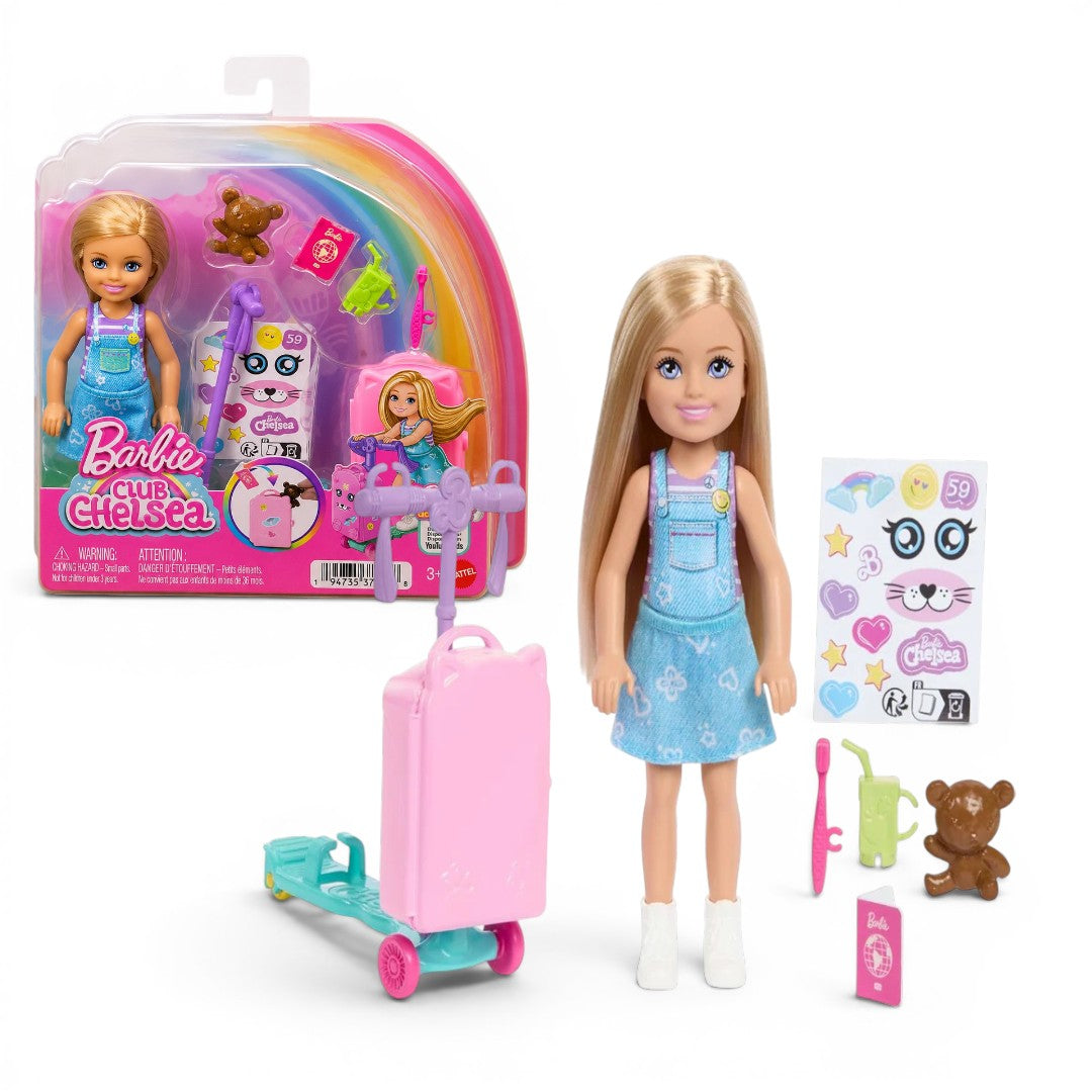 Barbie Club Chelsea Doll & Travel Playset | Blonde Chelsea Doll with Scooter, Suitcase & Travel Accessories | Mattel Toy for Kids 3+