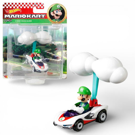 Hot Wheels Mario Kart Luigi Die Cast Car | P-Wing Kart with Cloud Glider | 1:64 Collectible Racing Toy | 3+ Years