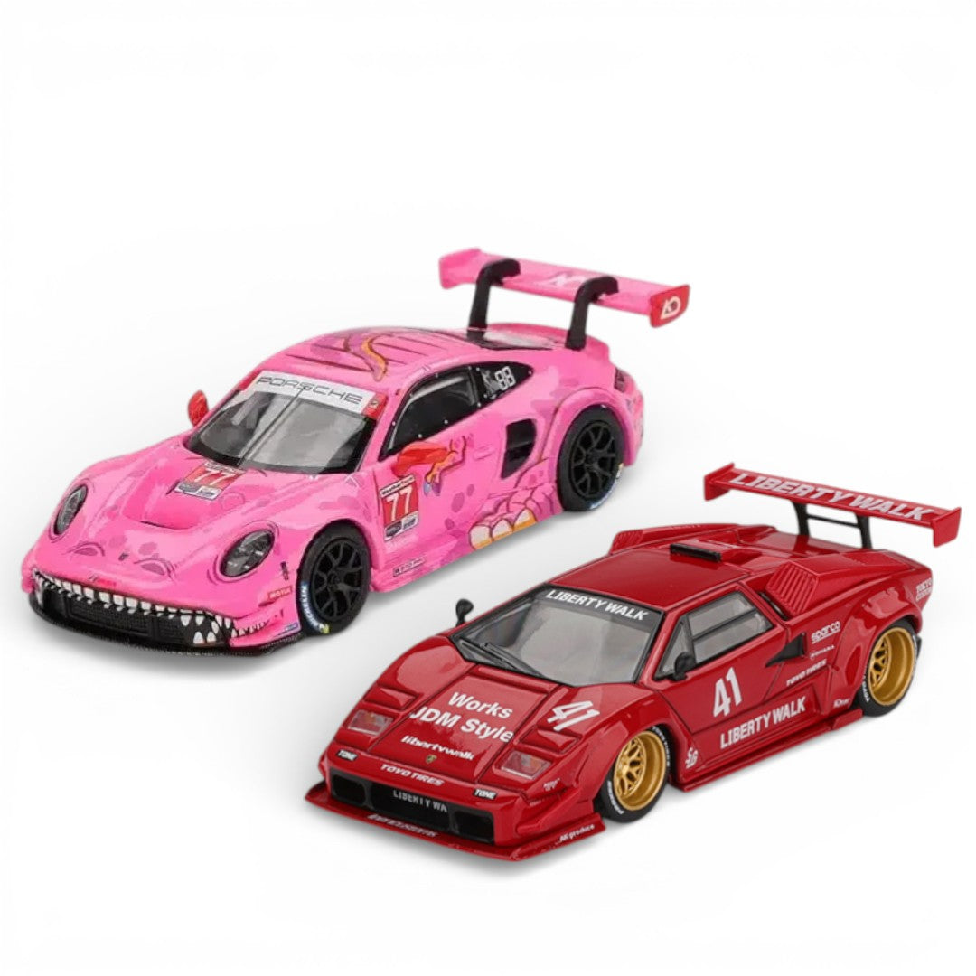 Mini GT 1:64 Racing Duo Diecast Set – Roxy Porsche 911 GT3 R #77 IMSA + LB-Works Lamborghini Countach Red Collectibles