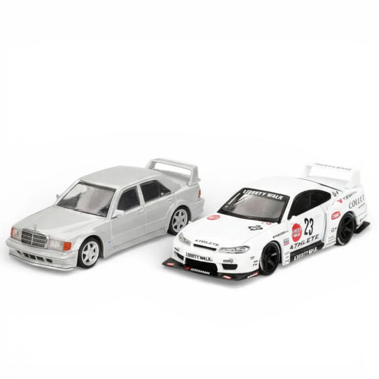 Mini GT 1:64  Blister- Mercedes-Benz 190E 2.5-16 Evolution II Astral Silver + Nissan LB-Super Silhouette S15 Silvia Athlete RHD  Liberty Walk Diecast Model Car