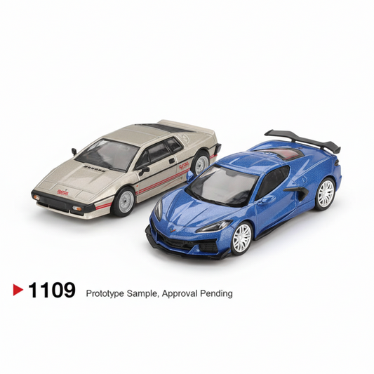 Mini GT 1:64 Scale Lotus Esprit Turbo + Chevrolet Corvette Z06 (2023) – Elkhart Lake Blue Metallic Die-Cast Model Car | Classic Sports Car | Collector Edition