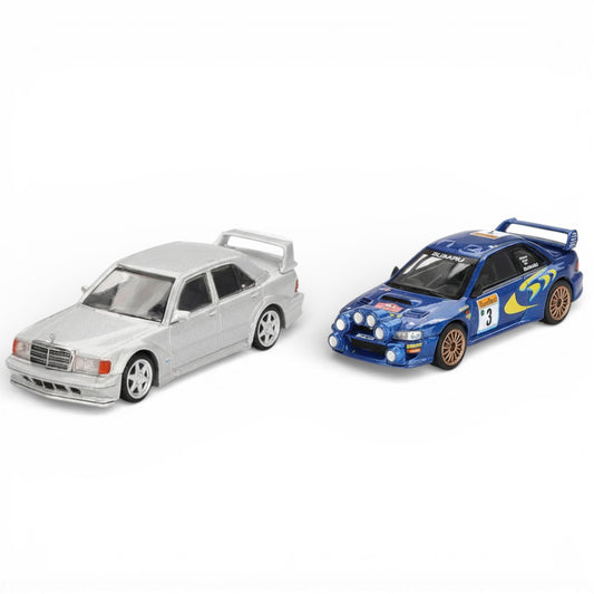 Mini GT 1:64 Racing Duo – Subaru Impreza WRC98 #3 – 1998 Rally Monte Carlo 3rd Place Blue &  Mercedes-Benz 190E 2.5-16 Evolution II Astral Silver Diecast Models