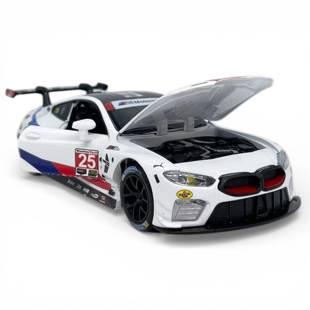 RMZ Hobby 1:32 BMW M8 GTE Die-Cast Model Car – White |Pull Back, Openable Doors, Light & Sound (664996)