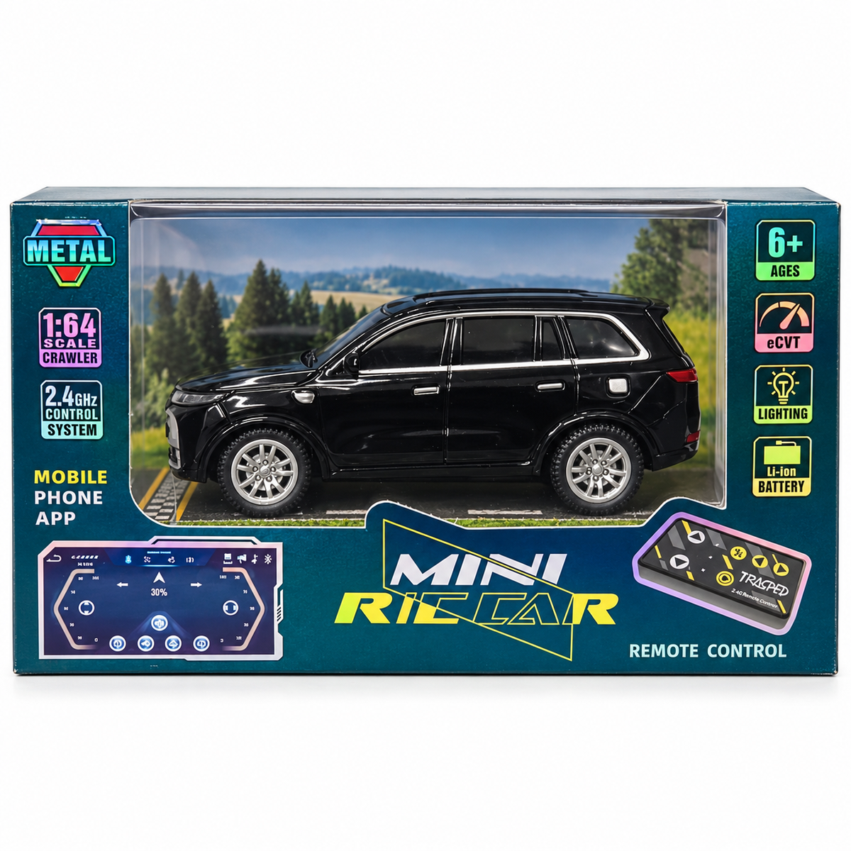 TRASPEED 1:64 Mini RC SUV – Black Metal Body, 2.4GHz Remote & App Control
