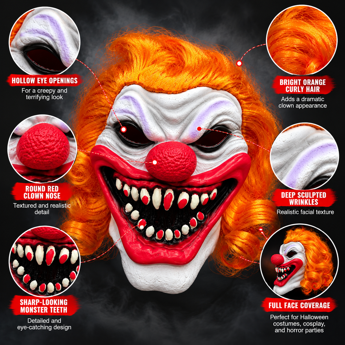 Halloween Scary Evil Clown Mask with Orange Hair – Horror Costume Mask for Adults